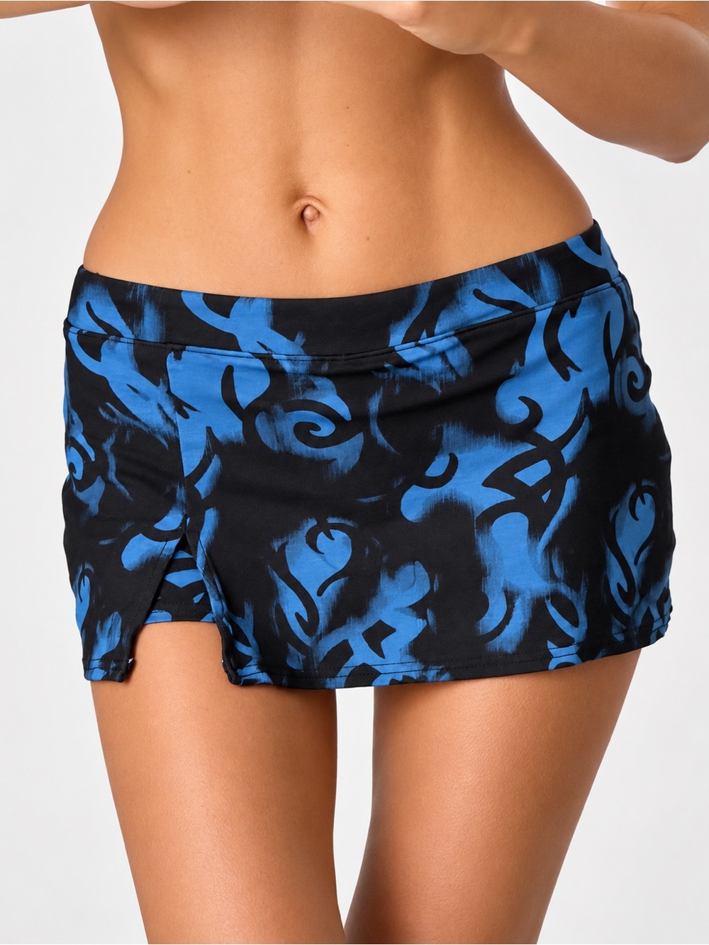 Blue Black Abstract Print Mini Swim Skort Low Rise Y2K